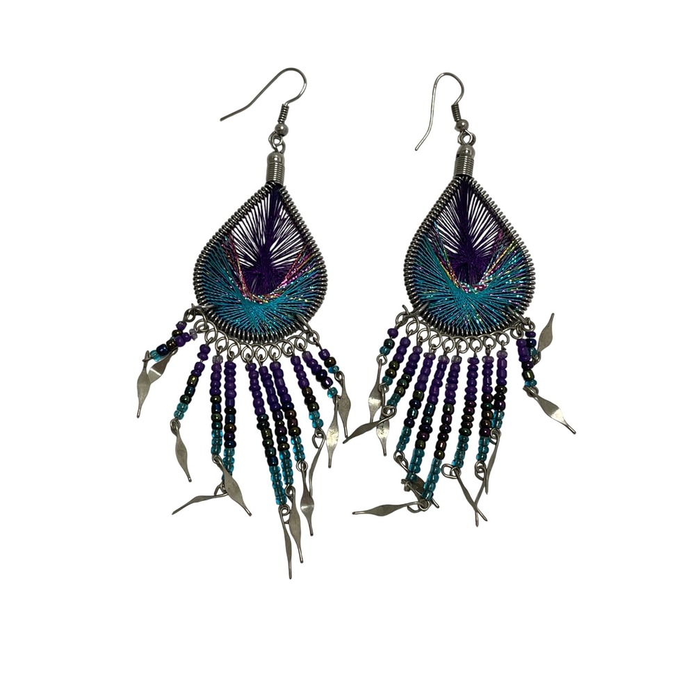 Silver Tone Dreamcatcher Dangle Earring Turquoise Purple Boho Thread Beaded Hook